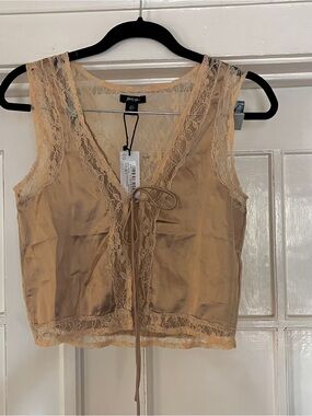 NWT Nasty Gal Champagne Satin Lace Tie Front Vest Cami Top • Coquette Sz 4
